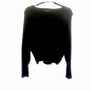 Carmen Black Cropped Long Sleeve Rib Knit Sweater with Zipper Detail Sleeves L